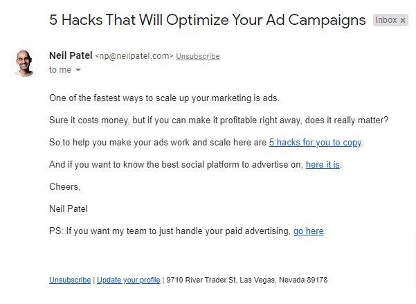 A screenshot of one of Neil Patel's email marketing messages in action. 