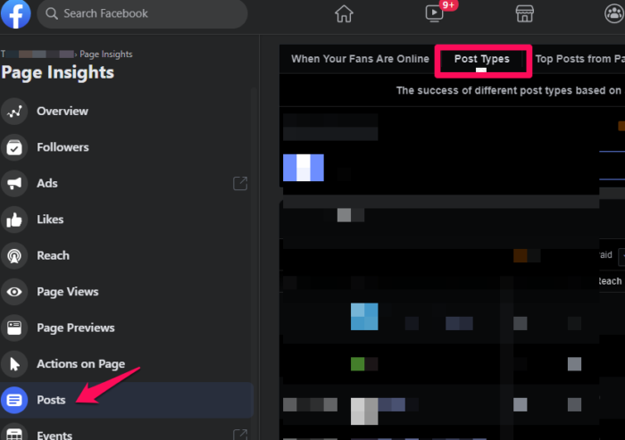 Post types on the page insights tab of Facebook.