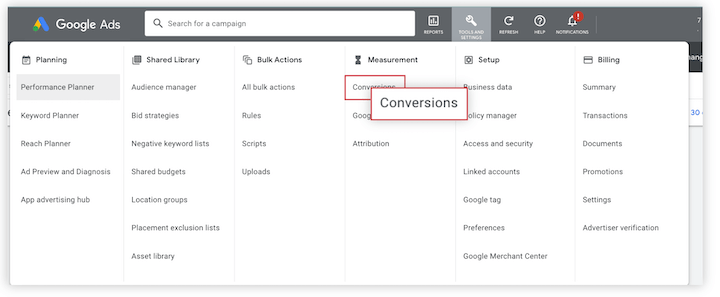 conversions tab in google ads platform