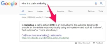 A featured snippet on Google about a CTA in marketing. 