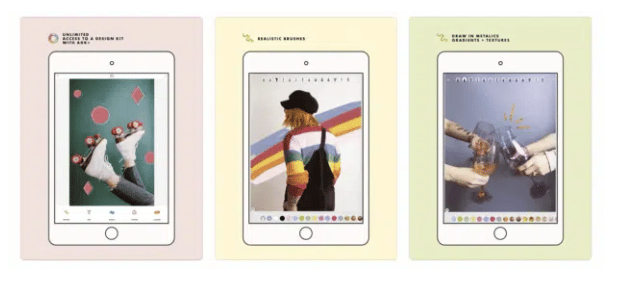 three mobile screens showing custom stickers on static images using a design kit app for Instagram stories