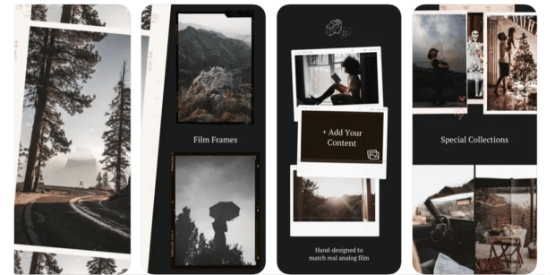 four screens showing templates, collections, and backdrops available in storyluxe instagram app