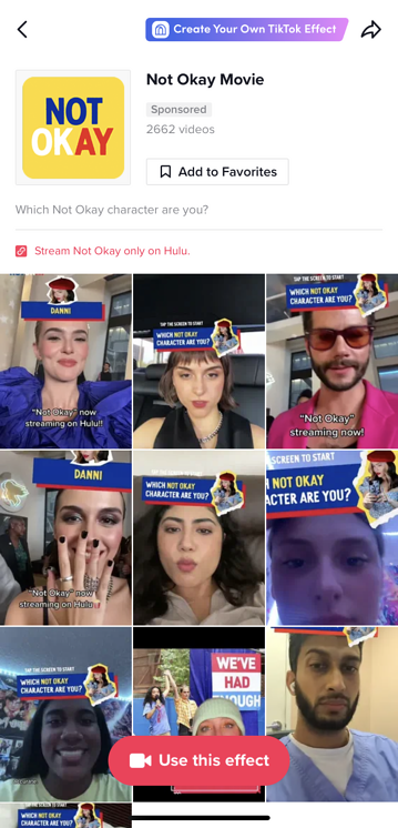 tiktok ads example: branded effect from not okay movie