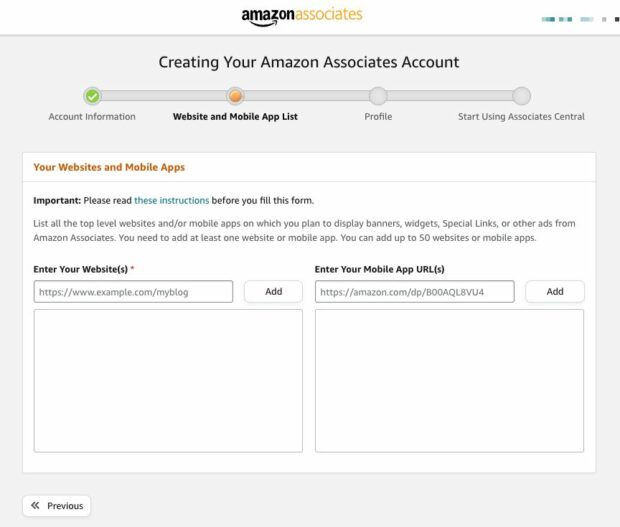 create your Amazon Associates account form