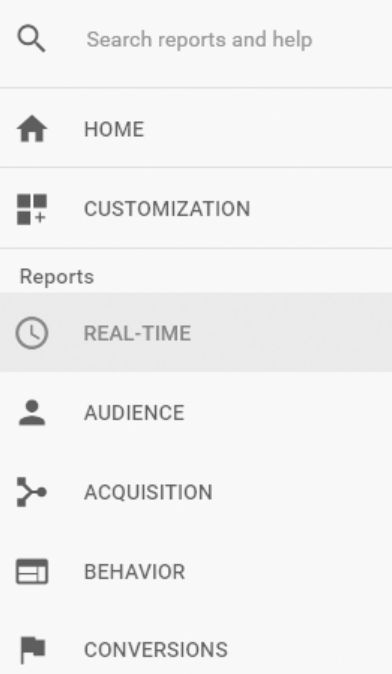 The sidebar of google analytics with the real time button highlighted