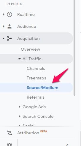 The sidebar of Google Analytics with the source/medium button highlighted. 