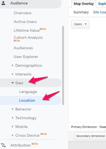 The sidebar of Google Analytics with the location button highlighted. 