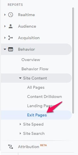 The sidebar of Google Analytics with the exit pages button highlighted. 