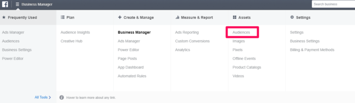 Go to the "audiences" tab in Meta Business Manager to create custom audience targeting on Facebook.