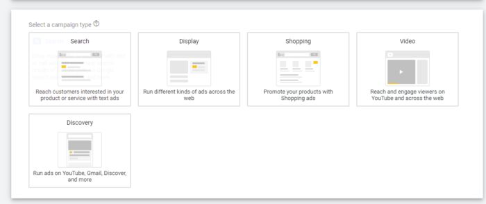 The campaign type selector page in Google Ads. 