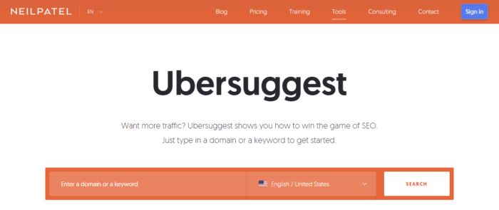 The homepage of Ubersuggest.