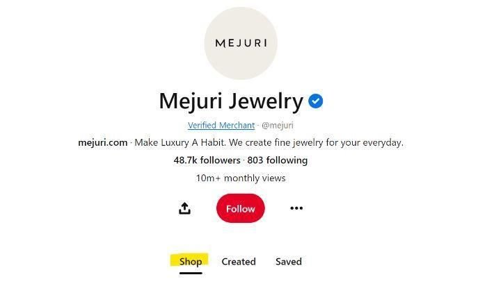 Mejuri Jewelry takes advantage of the "shop" tab to feature products.