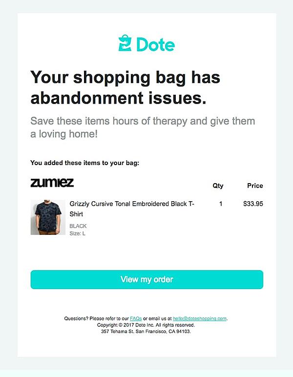 Dote uses humor in abandoned cart email.
