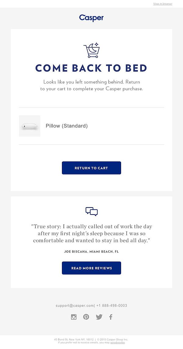 Casper uses clean design in abandoned cart email.