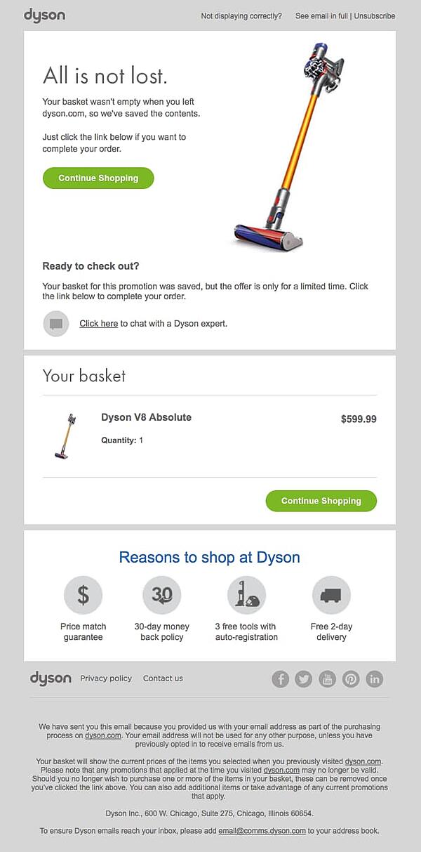 Dyson superb abandoned cart email example.