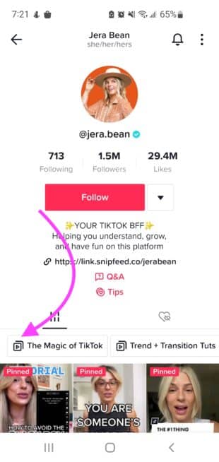 a TikTok playlist featured on @jera.bean's profile called "The Magic of TikTok"