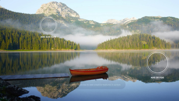 A portrait image of a dock, boat, water, and mountains and trees in the background is being enhanced using Landscape Enhance AI on Luminar AI.