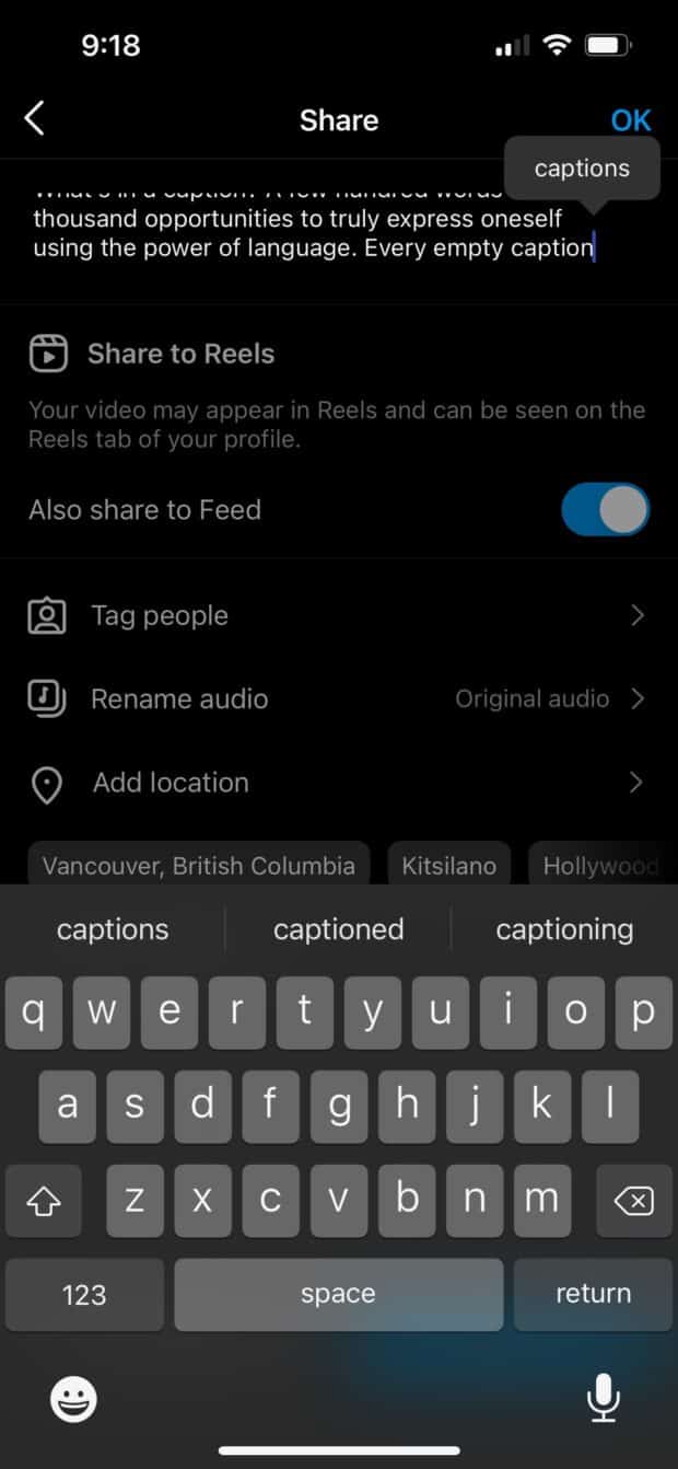 instagram reels caption