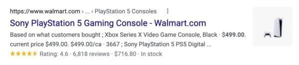 Picture of the search results for Sony's Playstation 5. In the picture, you see the product price, customer ratings and reviews, and if it is in stock. 