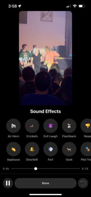 Timeline showing location of sound effect to your Instagram Reels