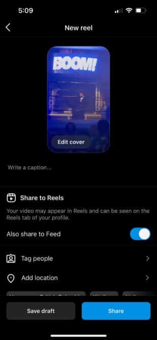 Select 'edit cover' to change the cover image for a Reel