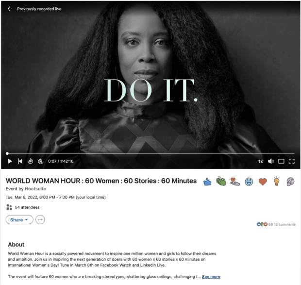 World Woman Hour video stream on LinkedIn feed