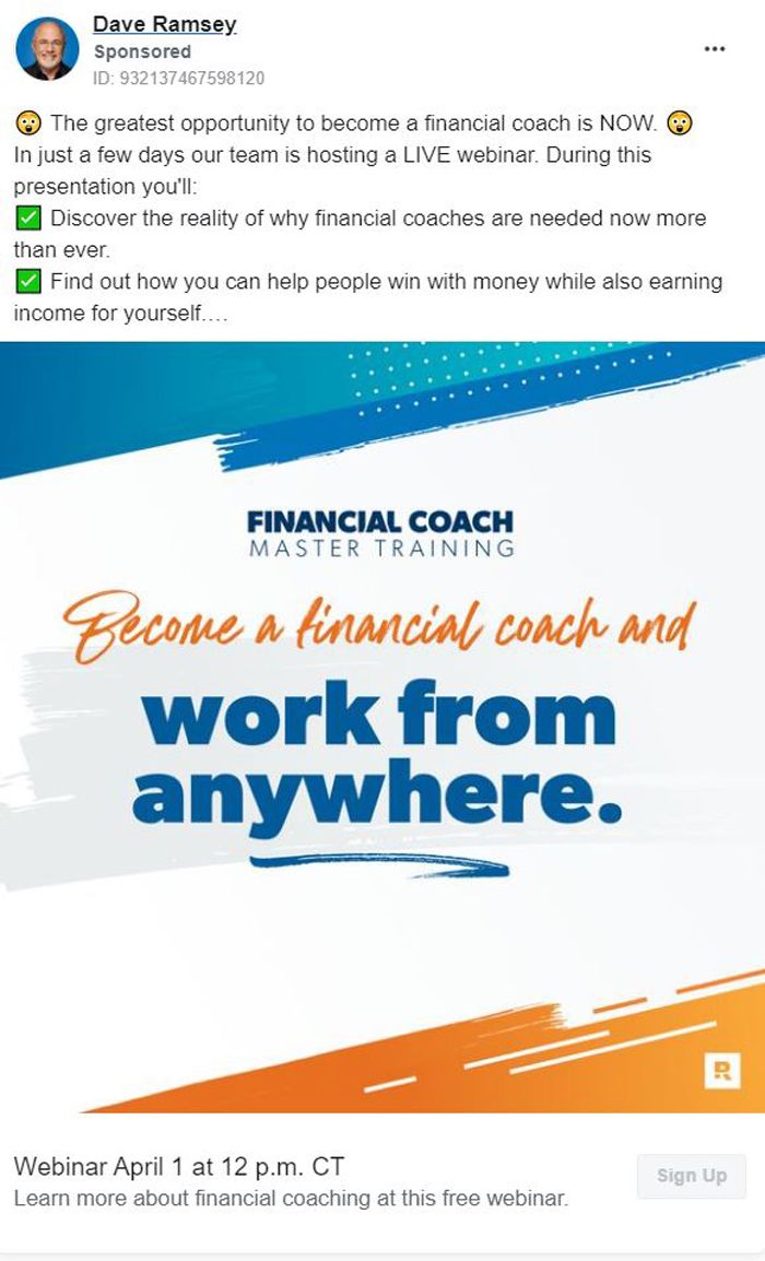 A post from Dave Ramsey about becoming a financial coach. 