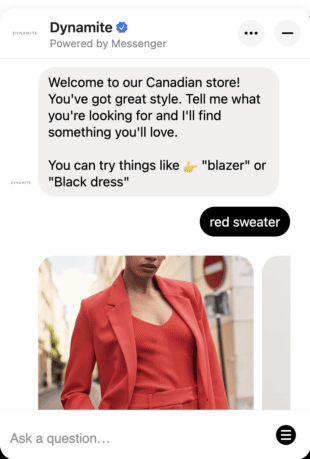 Dynamite red sweater Heyday chatbot