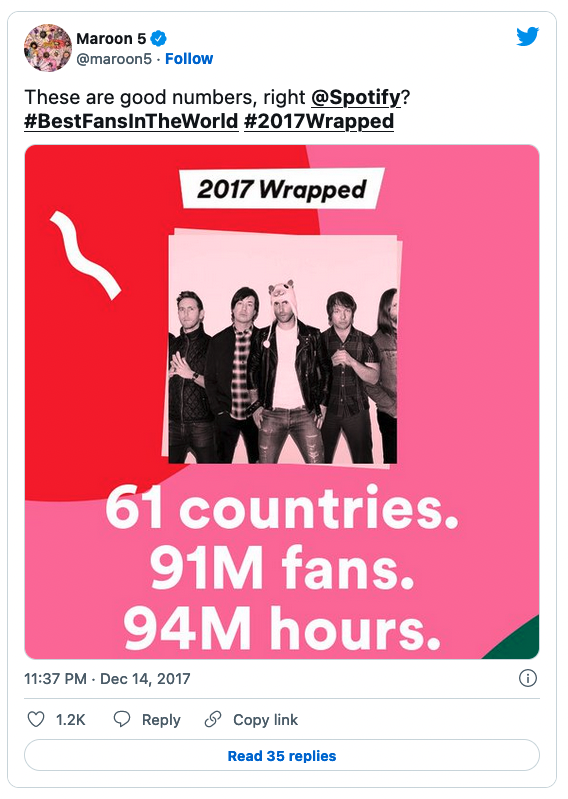 A screenshot of Maroon 5's Twitter post and example of integrated marketing communications by Spotify.