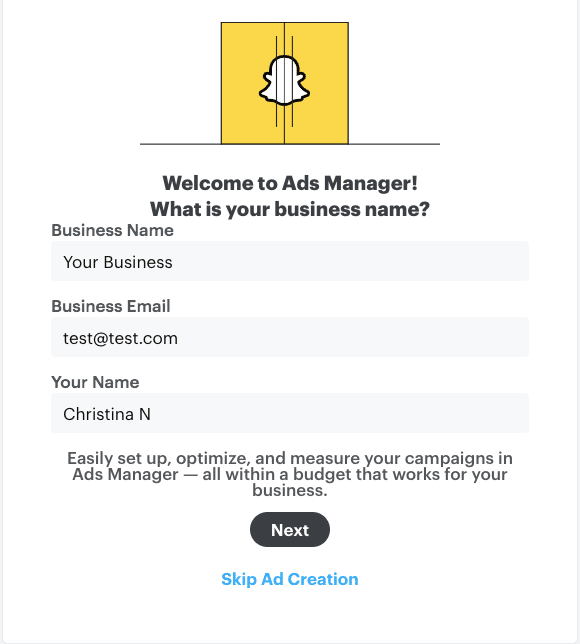 Snapchat Business Account details