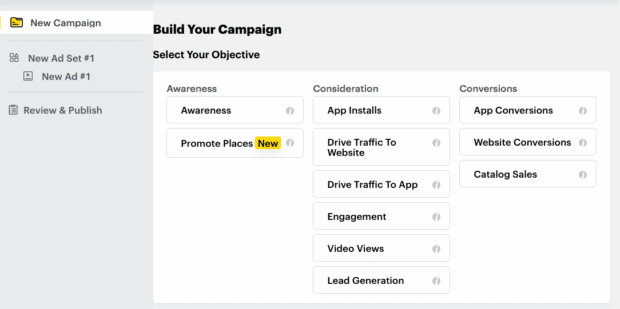 select objective including awareness consideration and conversions