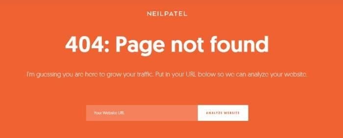 Screenshot of a 404 error page on Neil Patel's webpage.