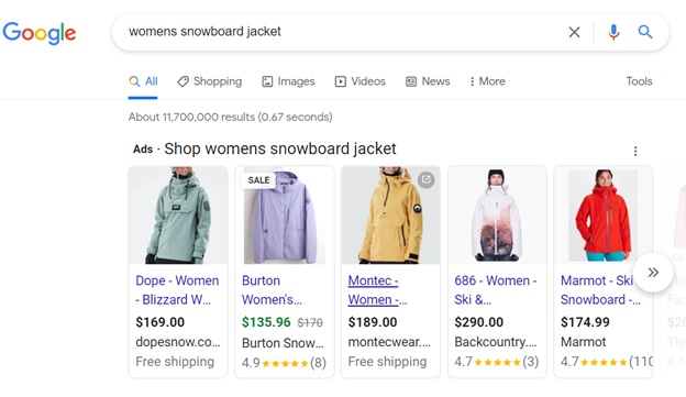 types of google ads - google shopping ad examples on serp