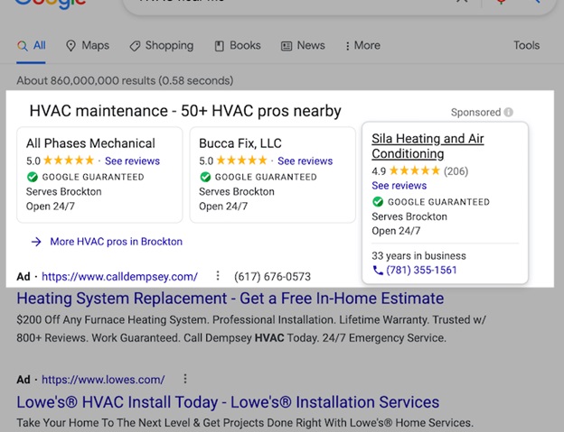 types of google ads - local search ads example screenshot