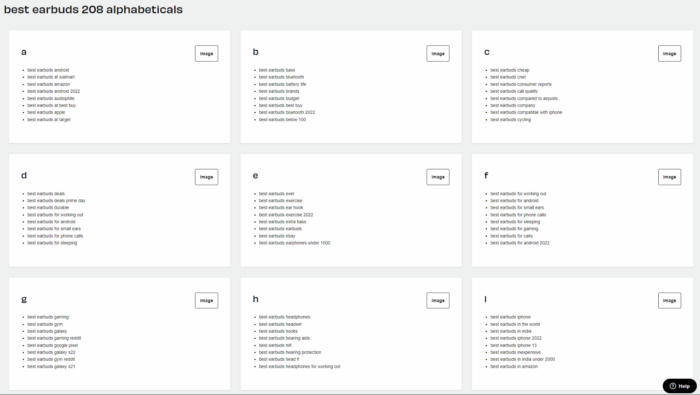 A screenshot of AnswerThePublic's webpage showcasing an alphabetical list of results.