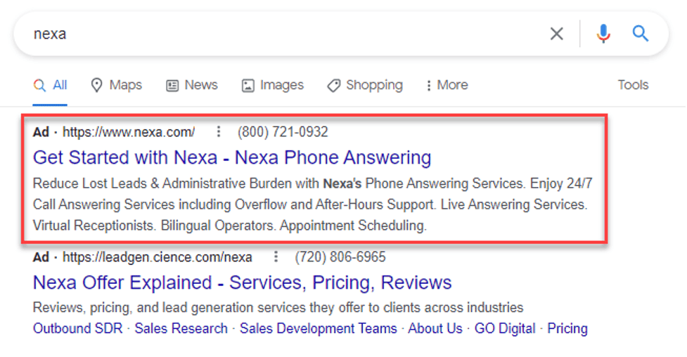 Branded PPC ad example on Google search results