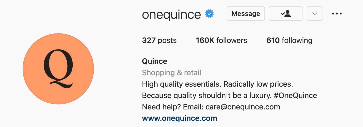 instagram marketing for small business, the Instagram bio for small business Quince is an important element of its Instagram marketing strategy.