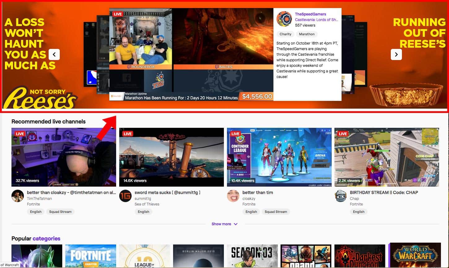Twitch ads example - homepage carousel ad
