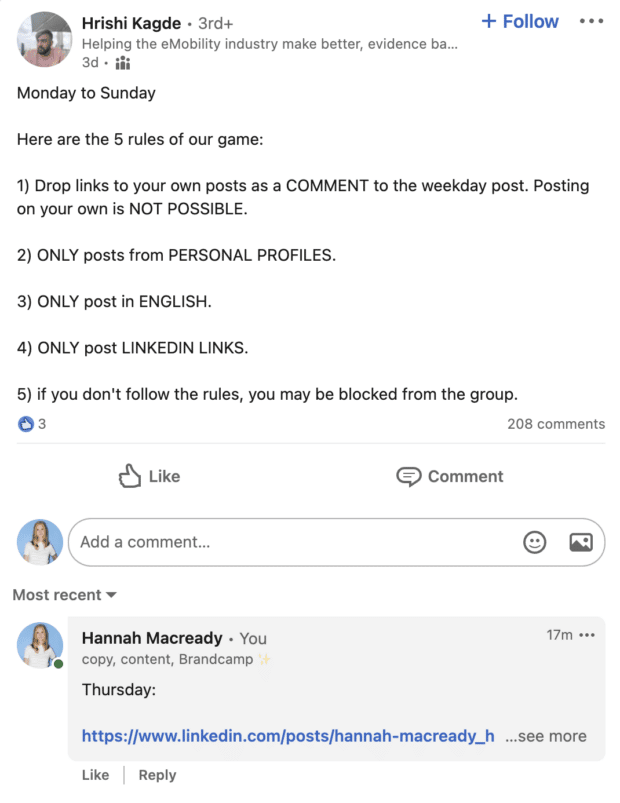 post from linkedin user in game of content group explaining group rules