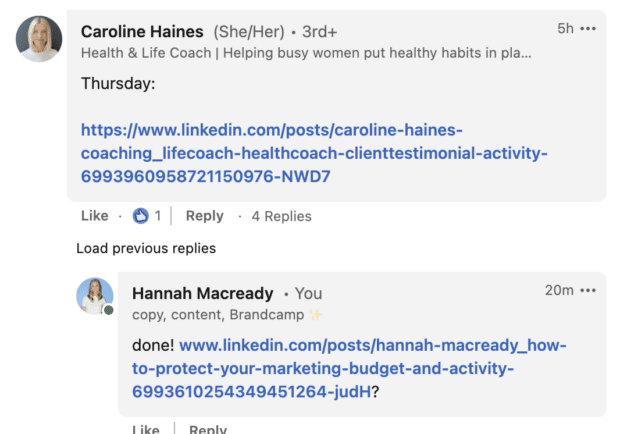 hannah macready promoting posts in game of content linkedin pod