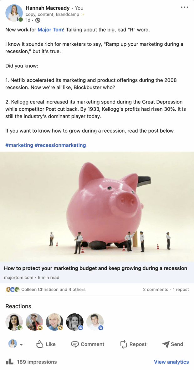 linkedin post promoting a recession marketing blog