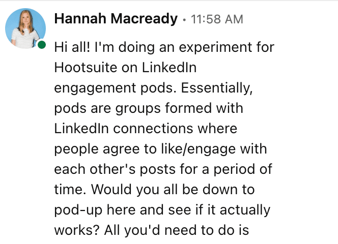 private linkedin message from hannah macready asking users to be in an engagement pod