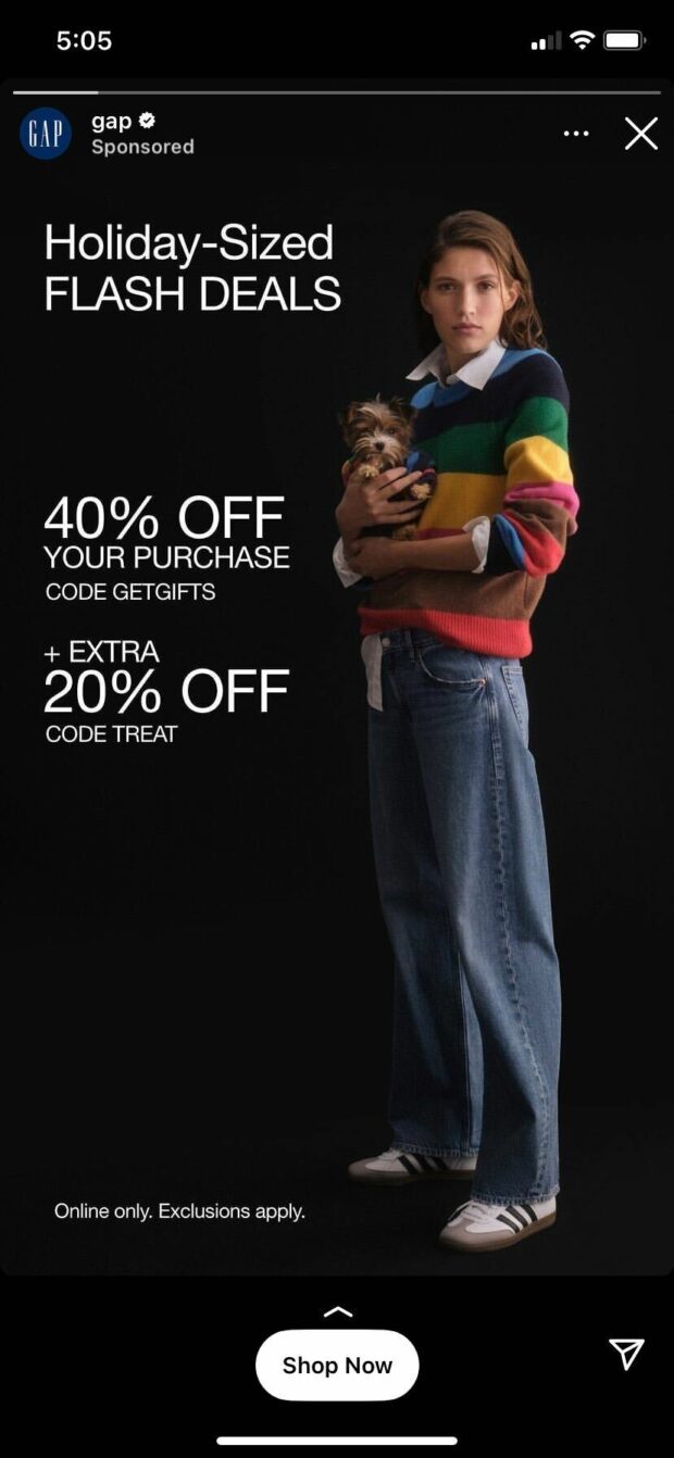 An Instagram story ad for Gap showing a limited time offer
