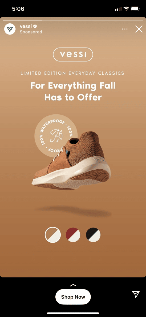 An Instagram Story ad for Vessi shoes with a CTA sticker that reads Shop Now