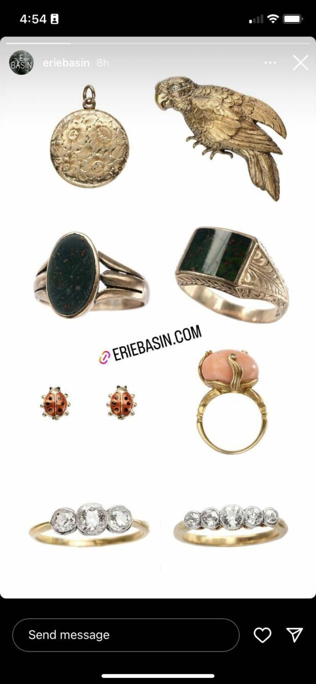 An Instagram story post from jewelry dealer Erie Basin that includes a CTA link sticker