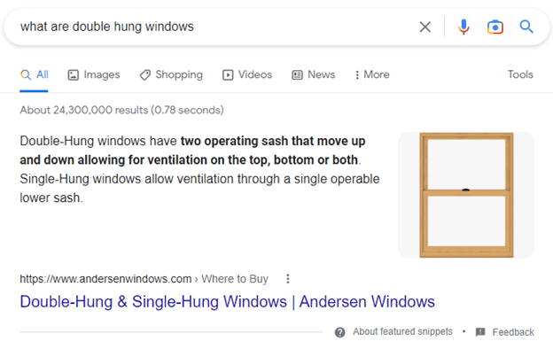 Featured snippet on Google for window installer blog