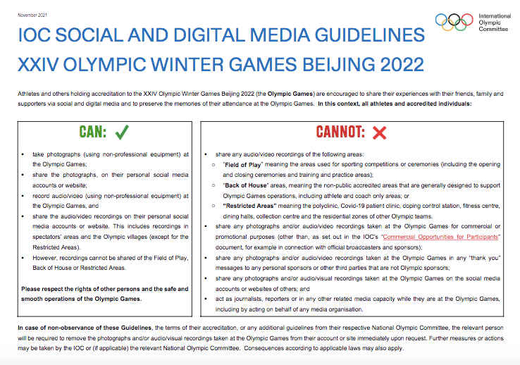 International Olympic Committee social and digital guidelines Beijing 2022