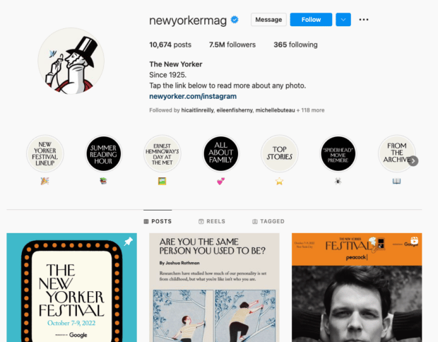 The New Yorker's Instagram bio showing their CTA in their bio link