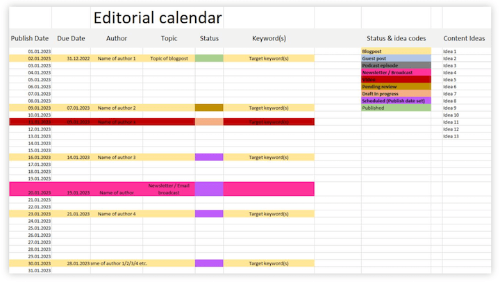editorial calendar template - spreadsheet