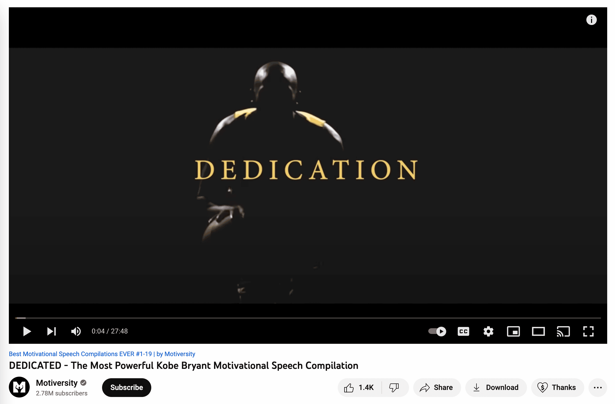 motivational video showing kobe bryant dribbling ball with the words dedication overlaid